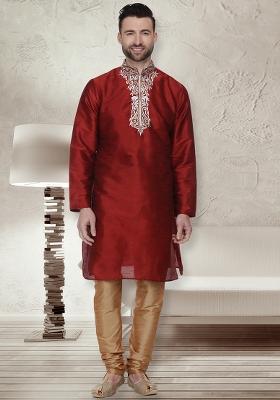 Maroon Embroidery Sequins Work Dupion Silk Kurta Set For Men