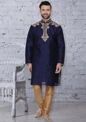 Navy Blue Embroidery Sequins Work Dupion Silk Kurta Set For Men