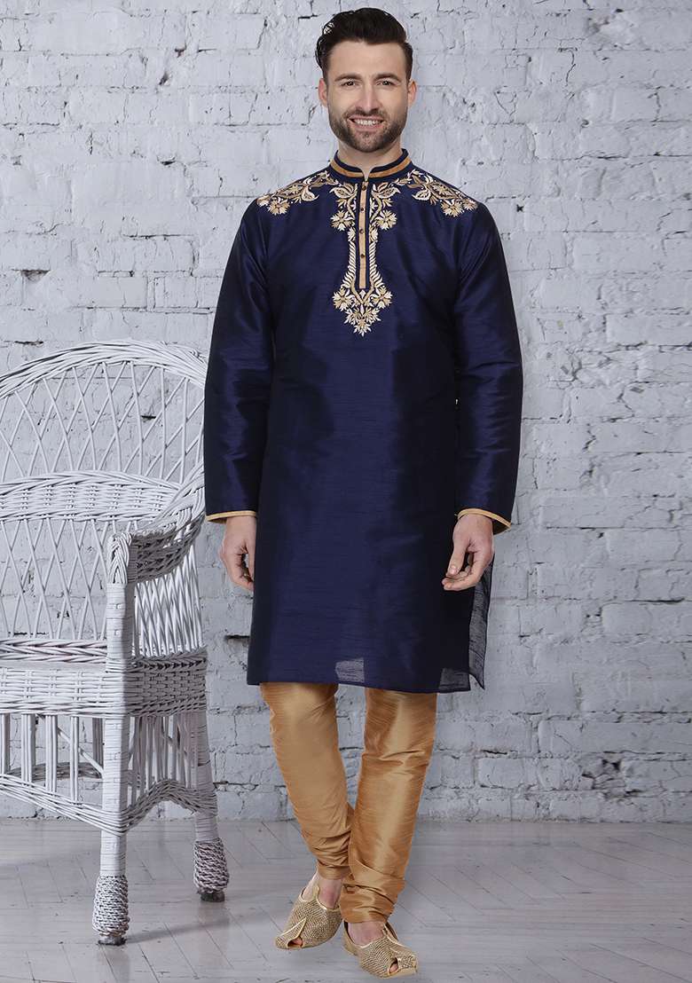 Navy Blue Embroidery Sequins Work Dupion Silk Blend Kurta Set For Men - Indya