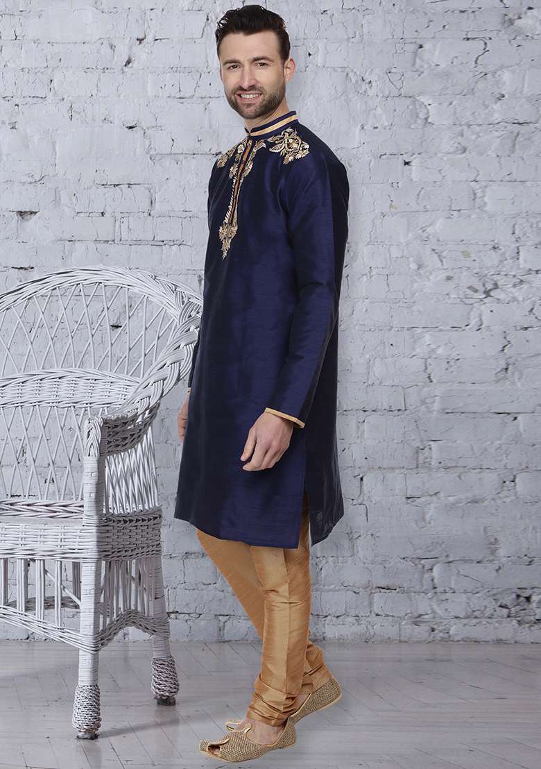 Navy Blue Embroidery Sequins Work Dupion Silk Blend Kurta Set For Men - Indya