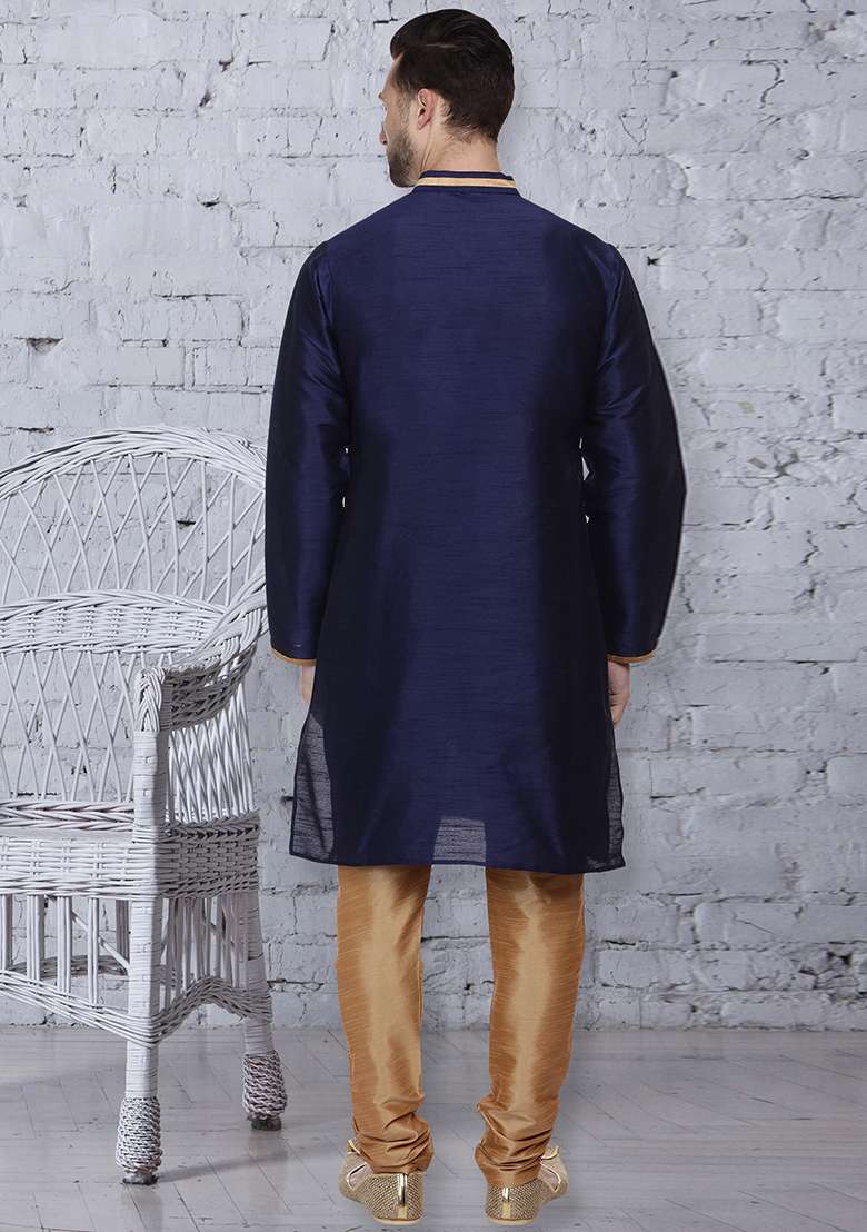 Navy Blue Embroidery Sequins Work Dupion Silk Blend Kurta Set For Men - Indya