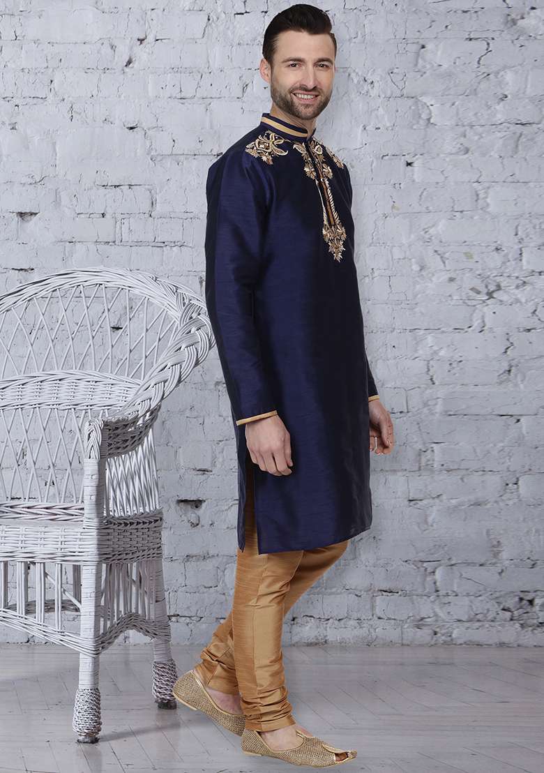 Navy Blue Embroidery Sequins Work Dupion Silk Blend Kurta Set For Men - Indya
