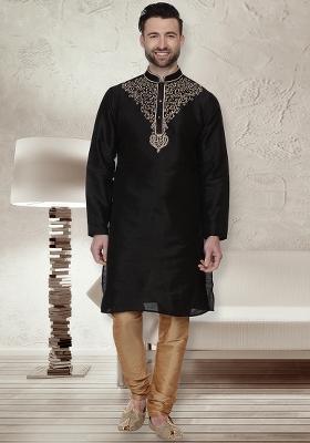 Black Embroidery Sequins Work Dupion Silk Kurta Set For Men
