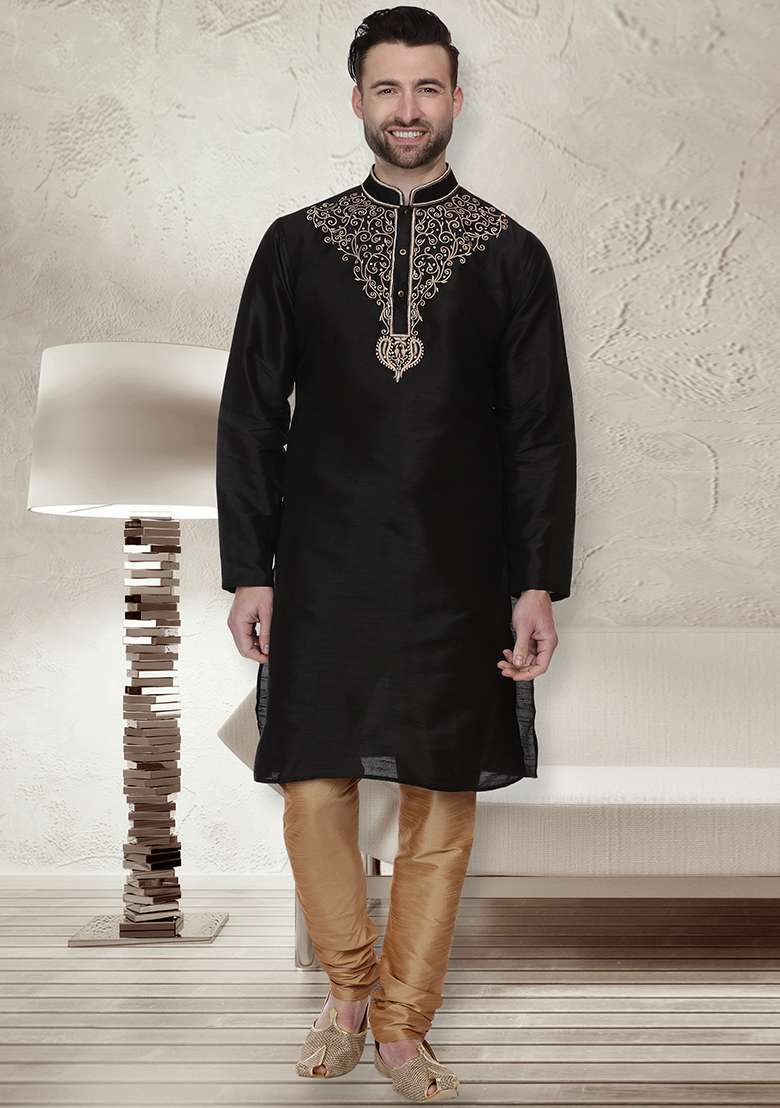 Black Embroidery Sequins Work Dupion Silk Blend Kurta Set For Men - Indya