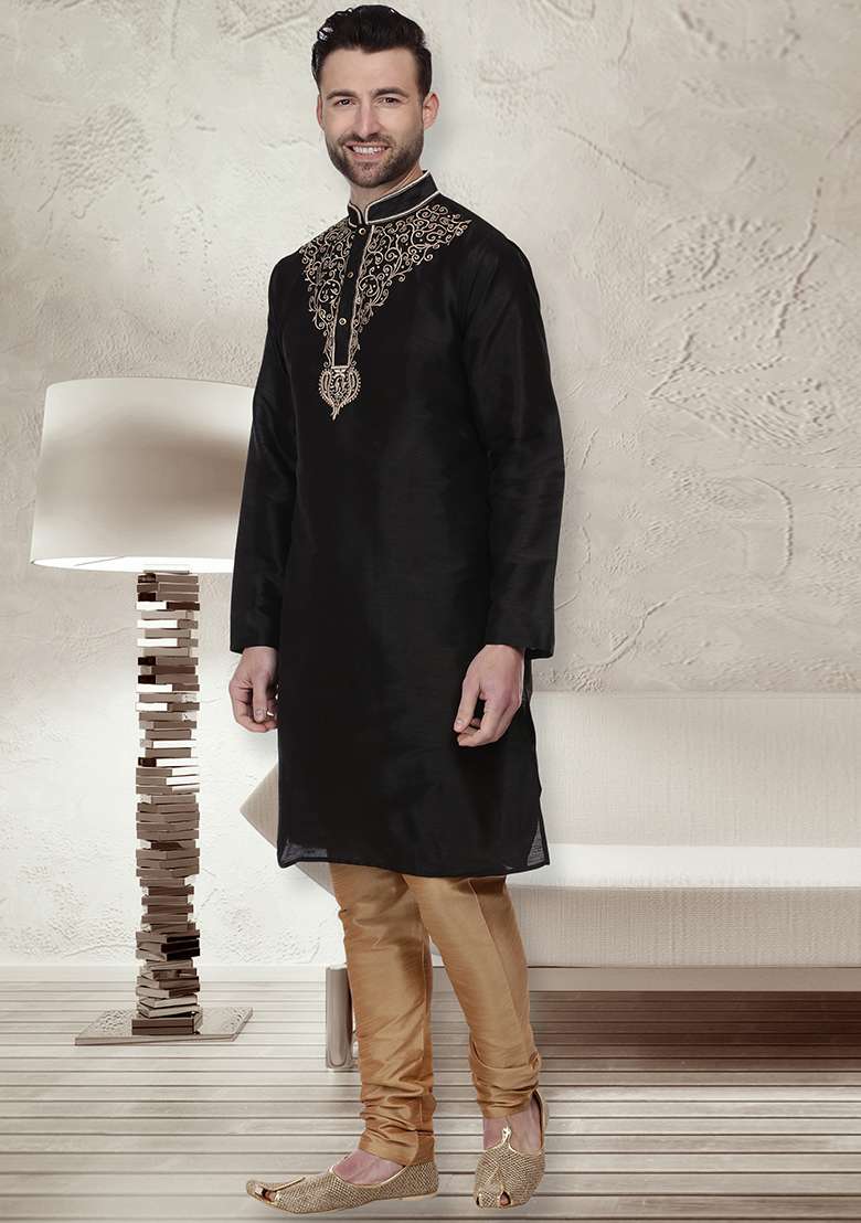 Black Embroidery Sequins Work Dupion Silk Blend Kurta Set For Men - Indya