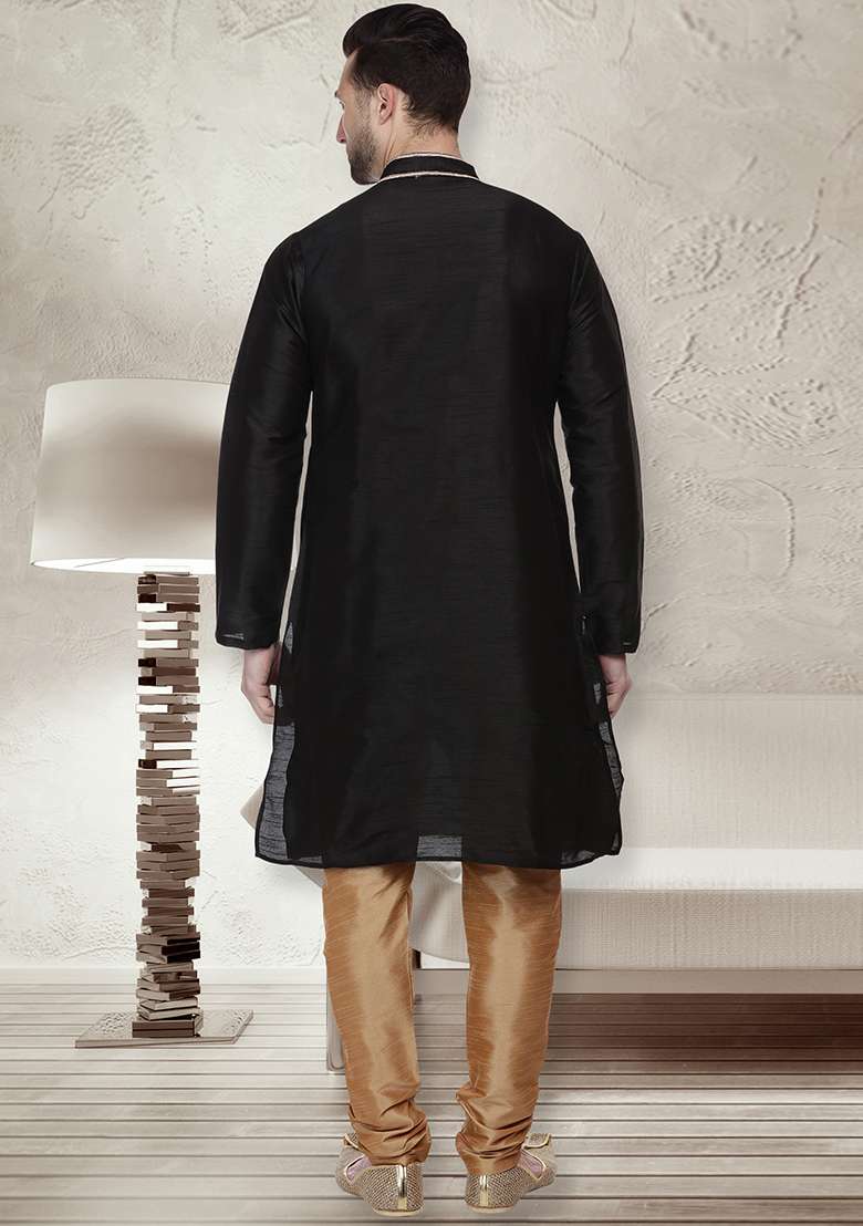 Black Embroidery Sequins Work Dupion Silk Blend Kurta Set For Men - Indya