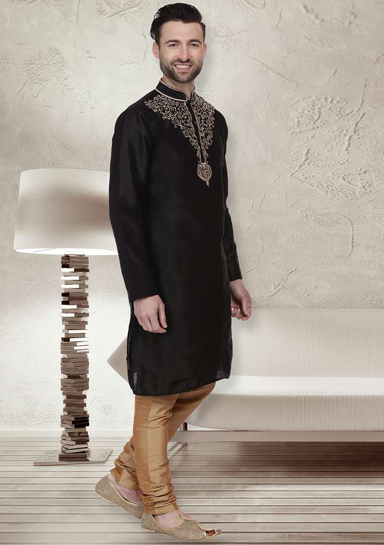 Black Embroidery Sequins Work Dupion Silk Blend Kurta Set For Men - Indya