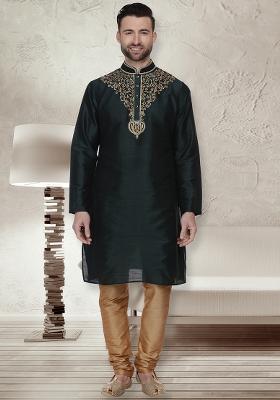 Green Embroidery Sequins Work Dupion Silk Kurta Set For Men