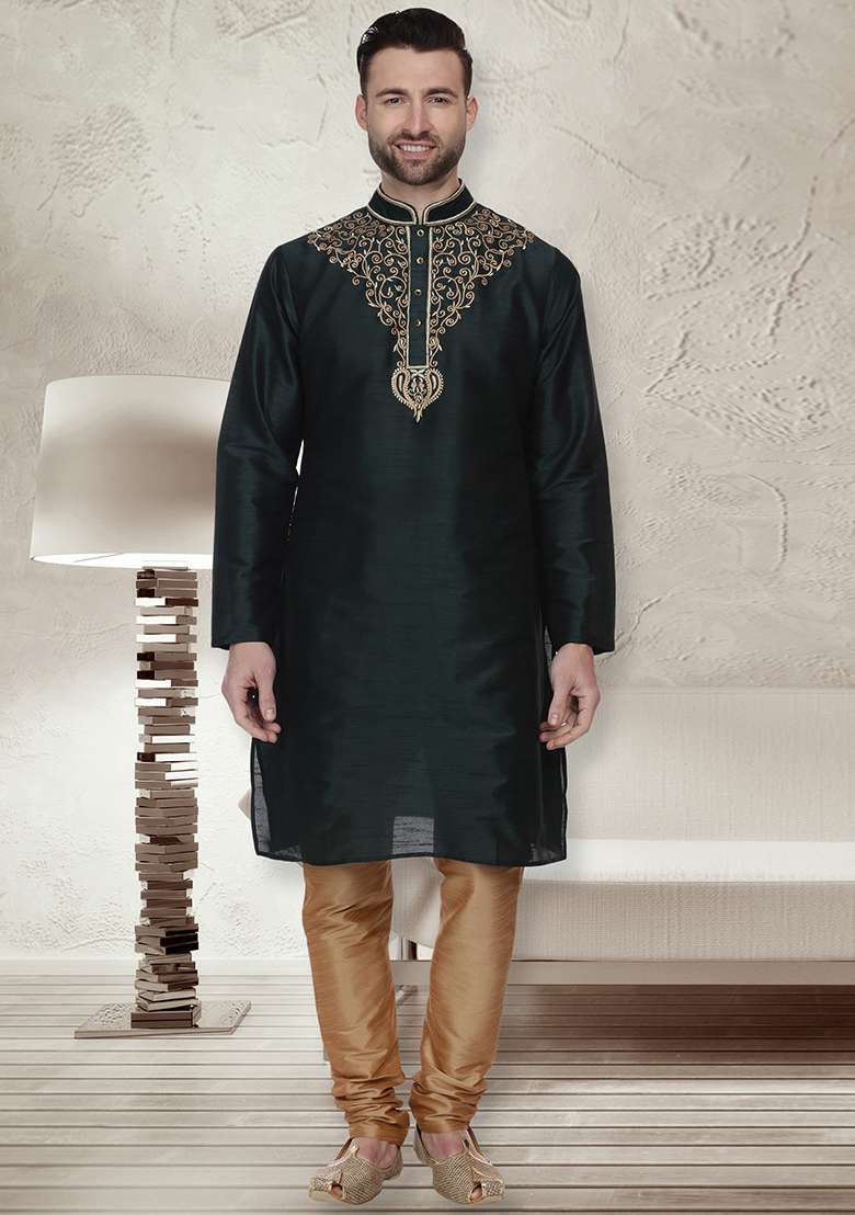 Green Embroidery Sequins Work Dupion Silk Blend Kurta Set For Men - Indya