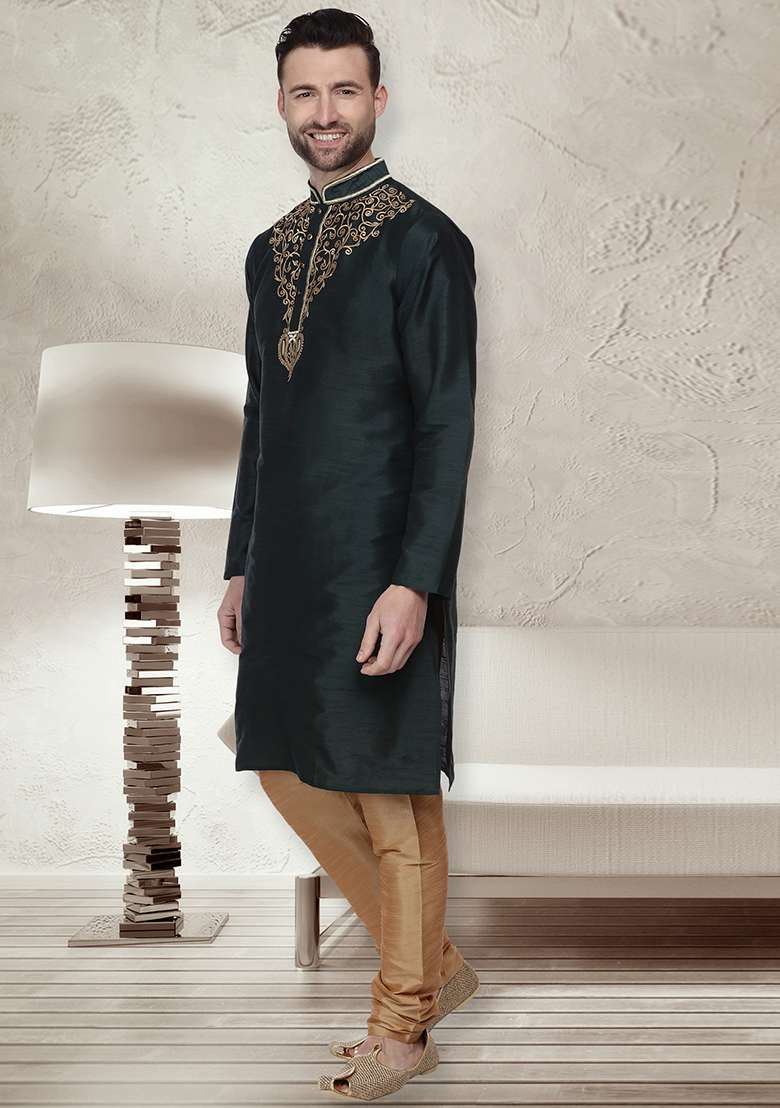 Green Embroidery Sequins Work Dupion Silk Blend Kurta Set For Men - Indya