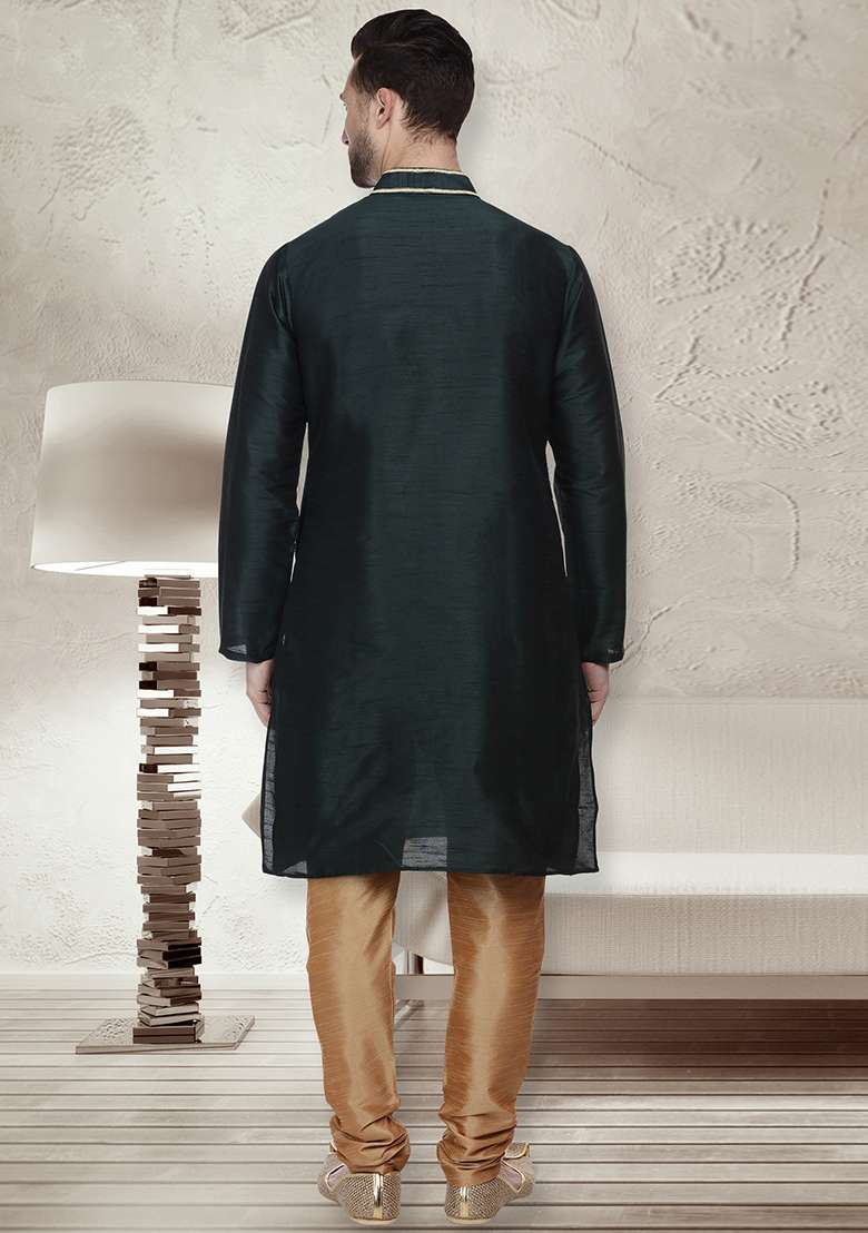 Green Embroidery Sequins Work Dupion Silk Blend Kurta Set For Men - Indya