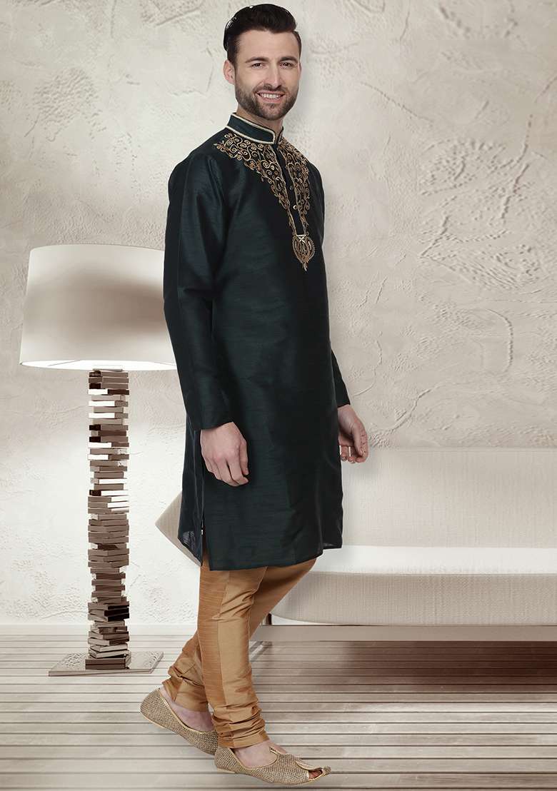 Green Embroidery Sequins Work Dupion Silk Blend Kurta Set For Men - Indya