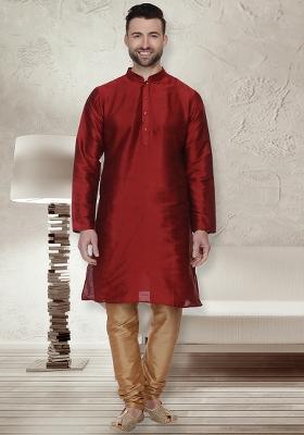 Maroon Embroidery Sequins Work Dupion Silk Kurta Set For Men