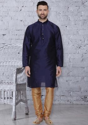 Navy Blue Embroidery Sequins Work Dupion Silk Kurta Set For Men