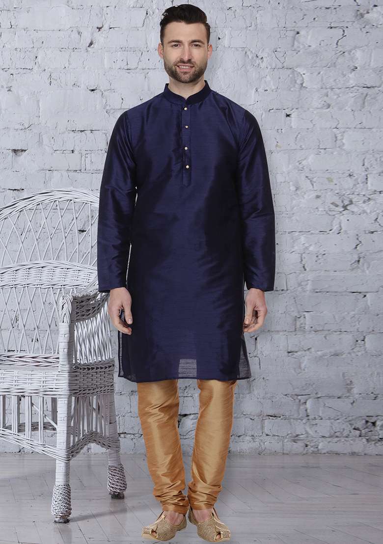 Navy Blue Embroidery Sequins Work Dupion Silk Blend Kurta Set For Men - Indya