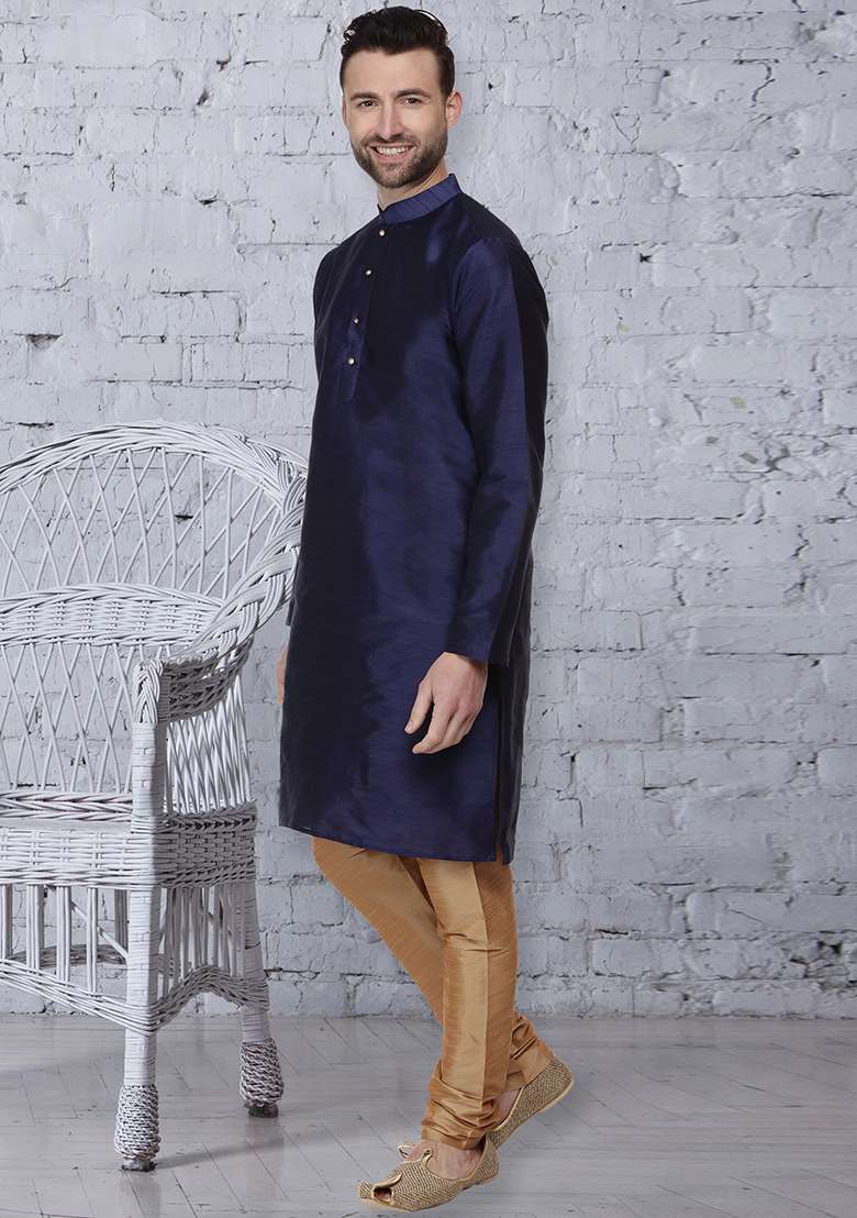 Navy Blue Embroidery Sequins Work Dupion Silk Blend Kurta Set For Men - Indya