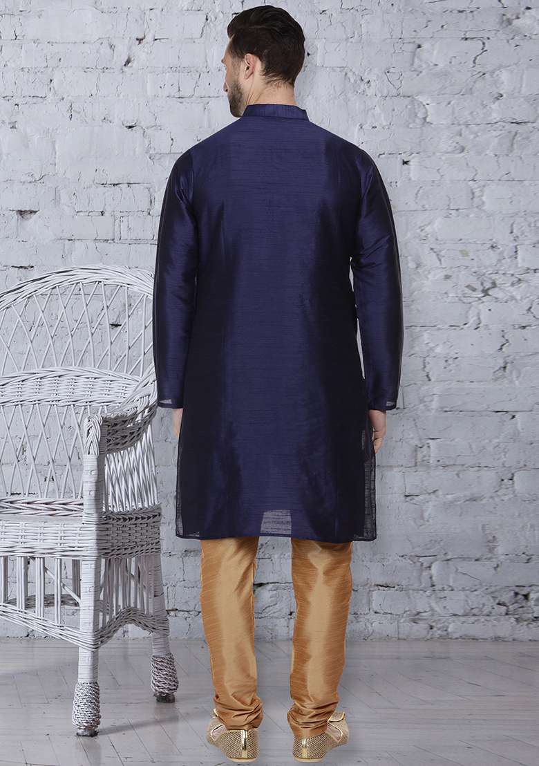 Navy Blue Embroidery Sequins Work Dupion Silk Blend Kurta Set For Men - Indya