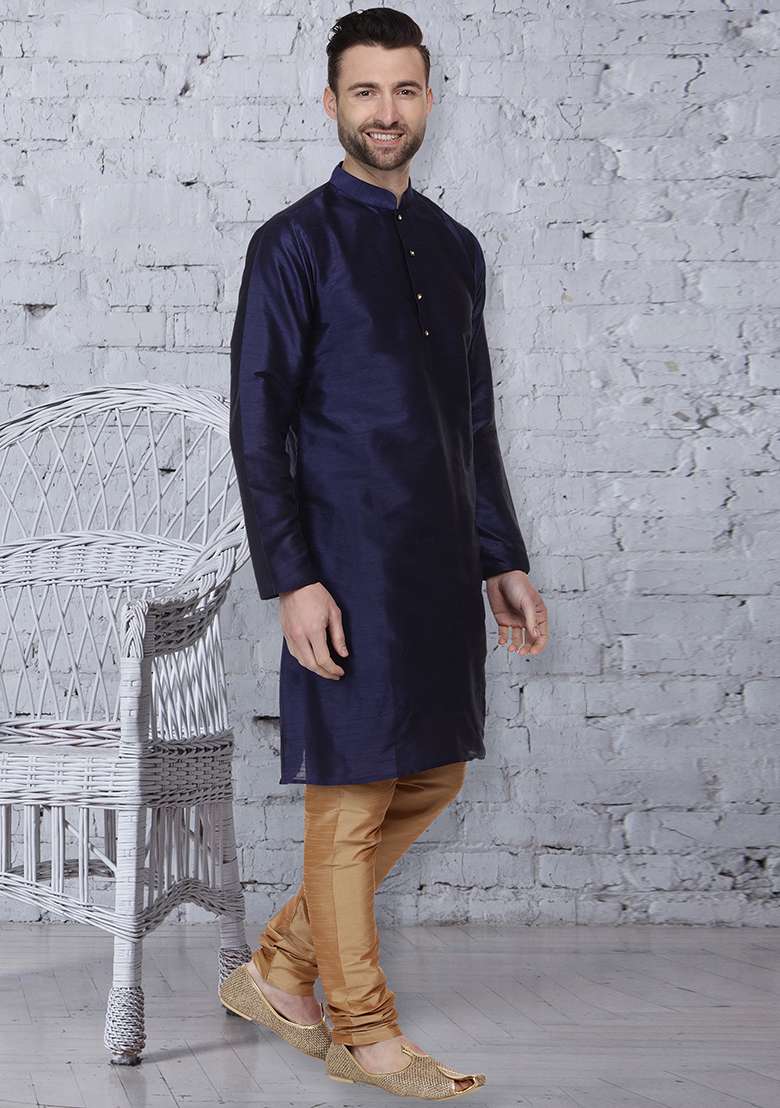 Navy Blue Embroidery Sequins Work Dupion Silk Blend Kurta Set For Men - Indya