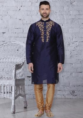 Navy Blue Embroidery Sequins Work Dupion Silk Kurta Set For Men