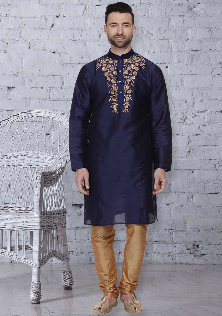Navy Blue Embroidery Sequins Work Dupion Silk Blend Kurta Set For Men - Indya
