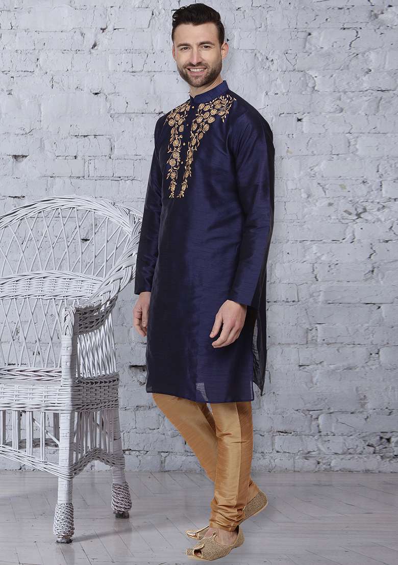 Navy Blue Embroidery Sequins Work Dupion Silk Blend Kurta Set For Men - Indya