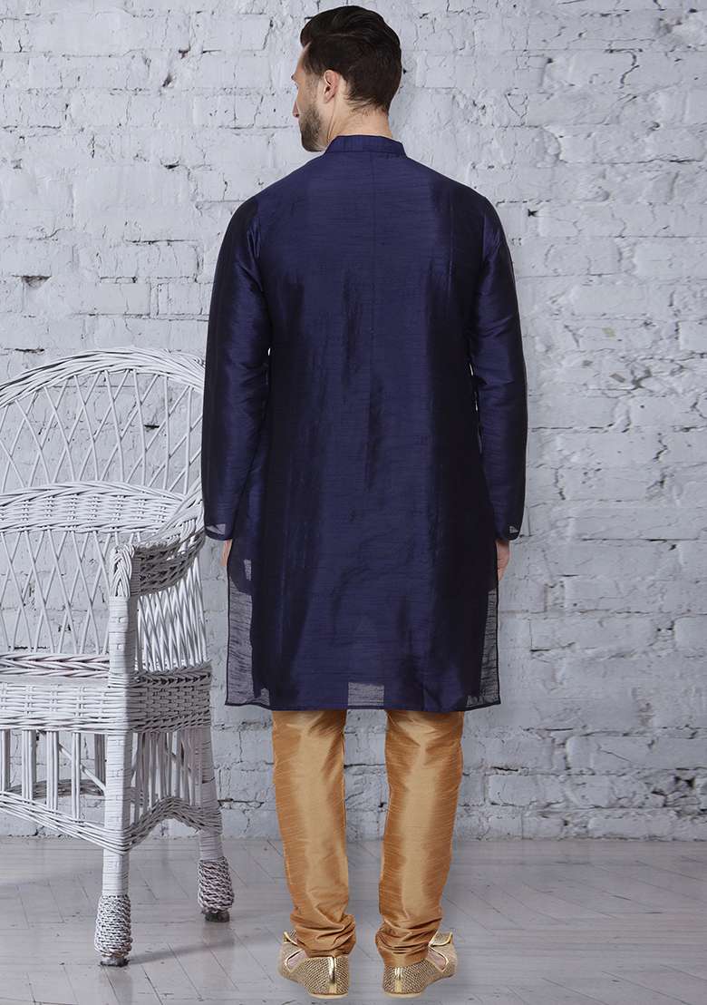 Navy Blue Embroidery Sequins Work Dupion Silk Blend Kurta Set For Men - Indya