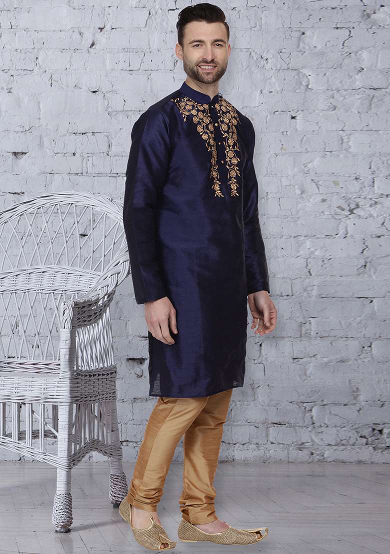 Navy Blue Embroidery Sequins Work Dupion Silk Blend Kurta Set For Men - Indya