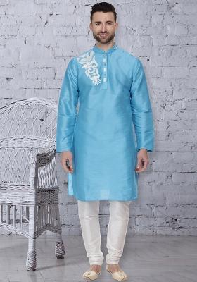 Sky Blue Embroidery Sequins Work Dupion Silk Kurta Set For Men
