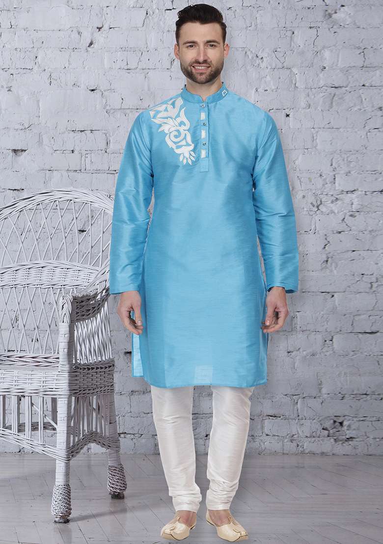 Sky Blue Embroidery Sequins Work Dupion Silk Blend Kurta Set For Men - Indya