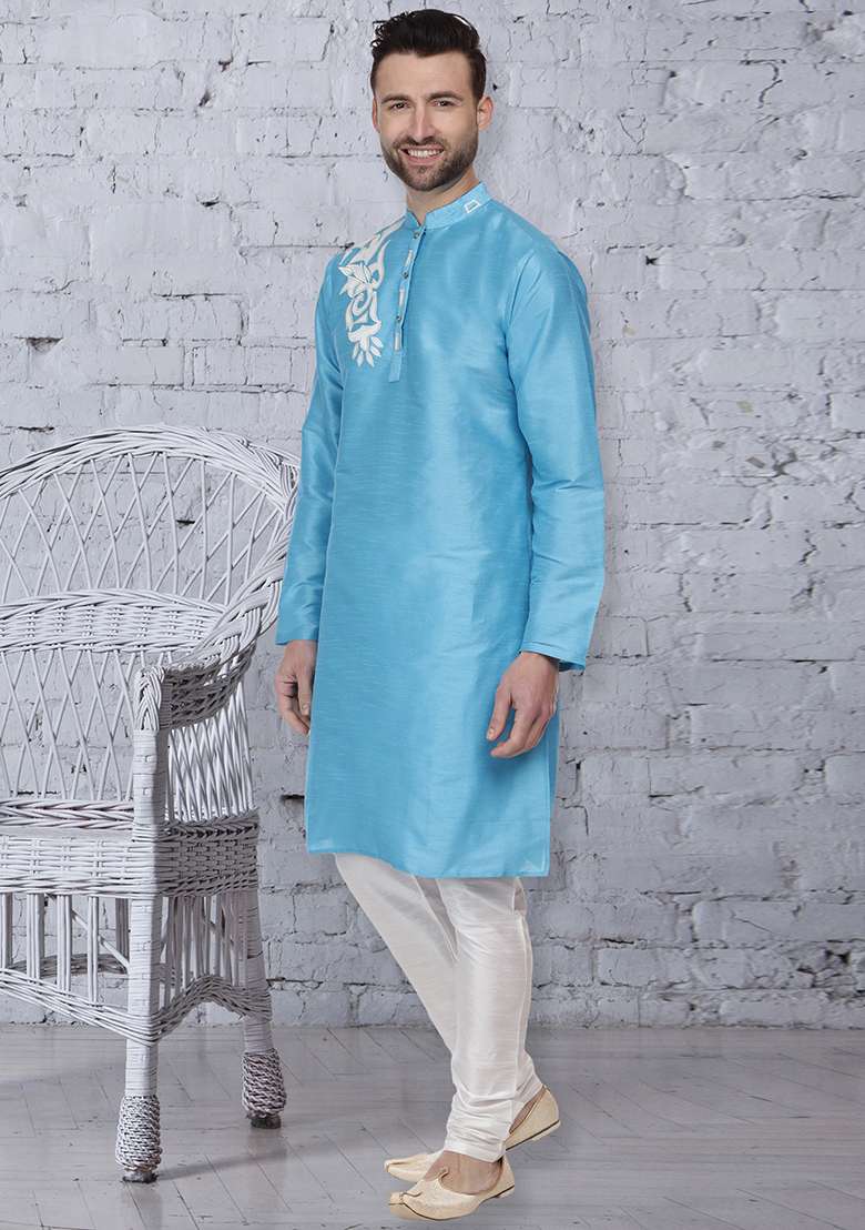 Sky Blue Embroidery Sequins Work Dupion Silk Blend Kurta Set For Men - Indya