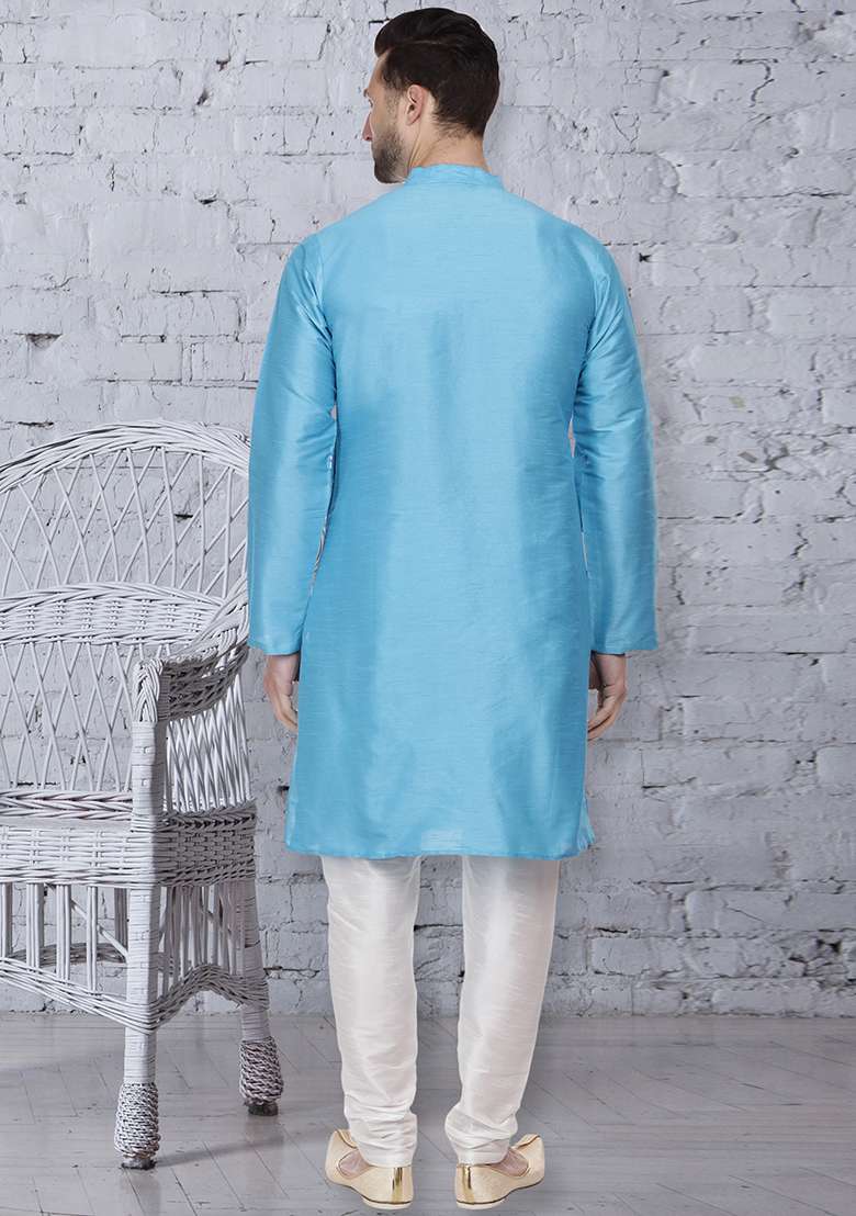Sky Blue Embroidery Sequins Work Dupion Silk Blend Kurta Set For Men - Indya
