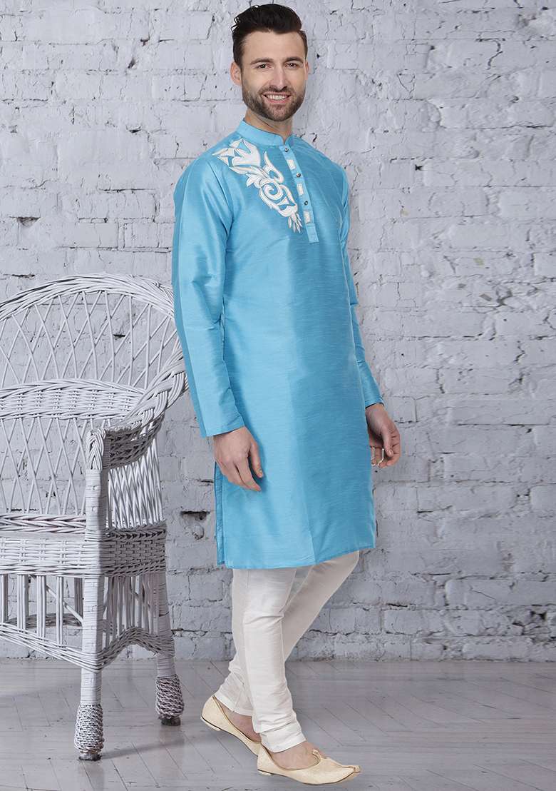 Sky Blue Embroidery Sequins Work Dupion Silk Blend Kurta Set For Men - Indya