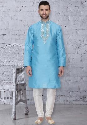 Sky Blue Embroidery Sequins Work Dupion Silk Kurta Set For Men