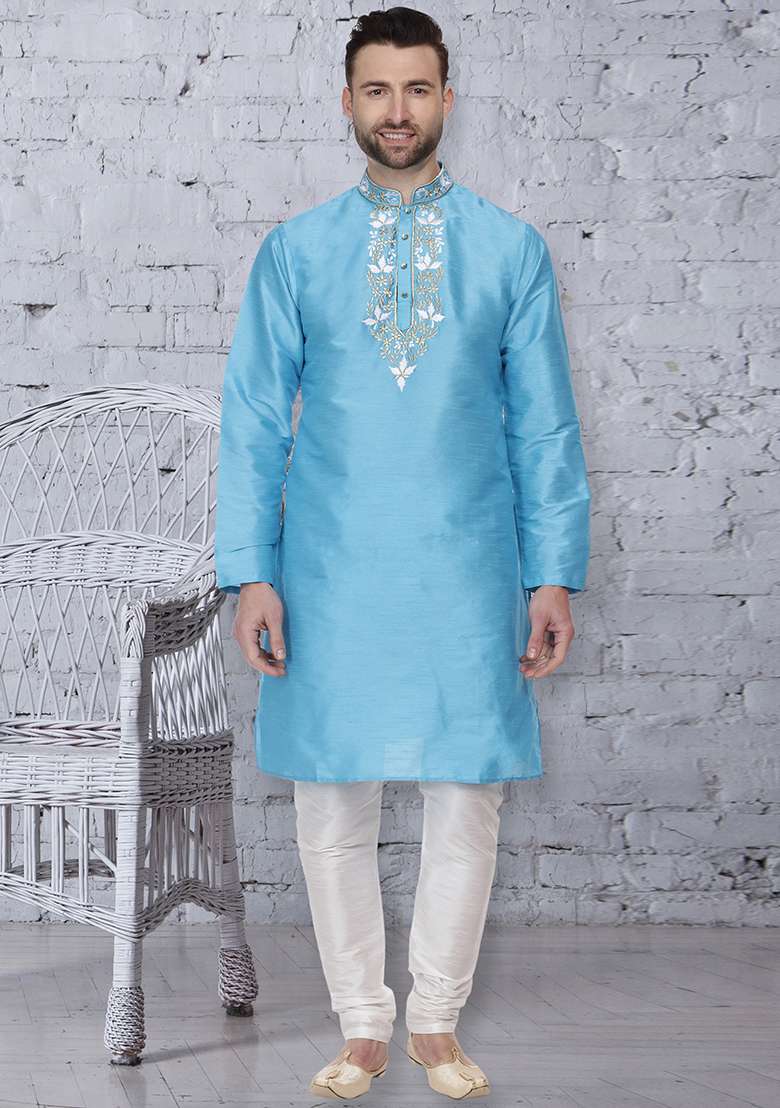 Sky Blue Embroidery Sequins Work Dupion Silk Blend Kurta Set For Men - Indya
