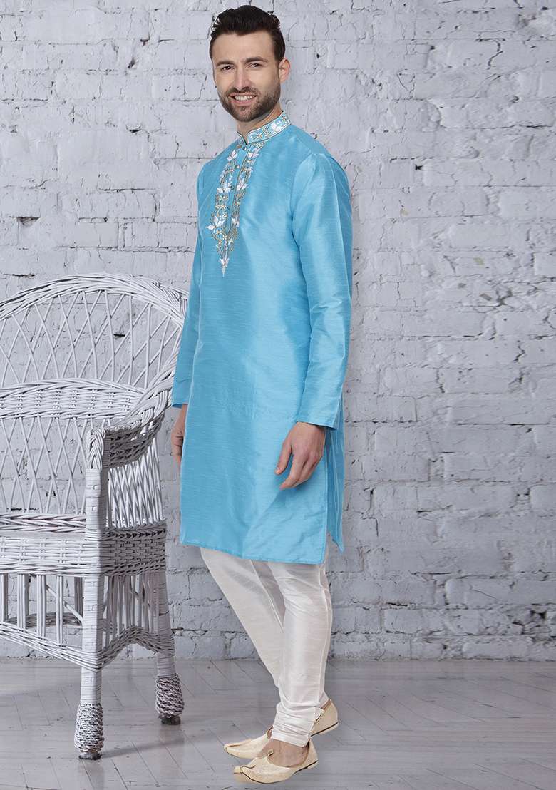 Sky Blue Embroidery Sequins Work Dupion Silk Blend Kurta Set For Men - Indya