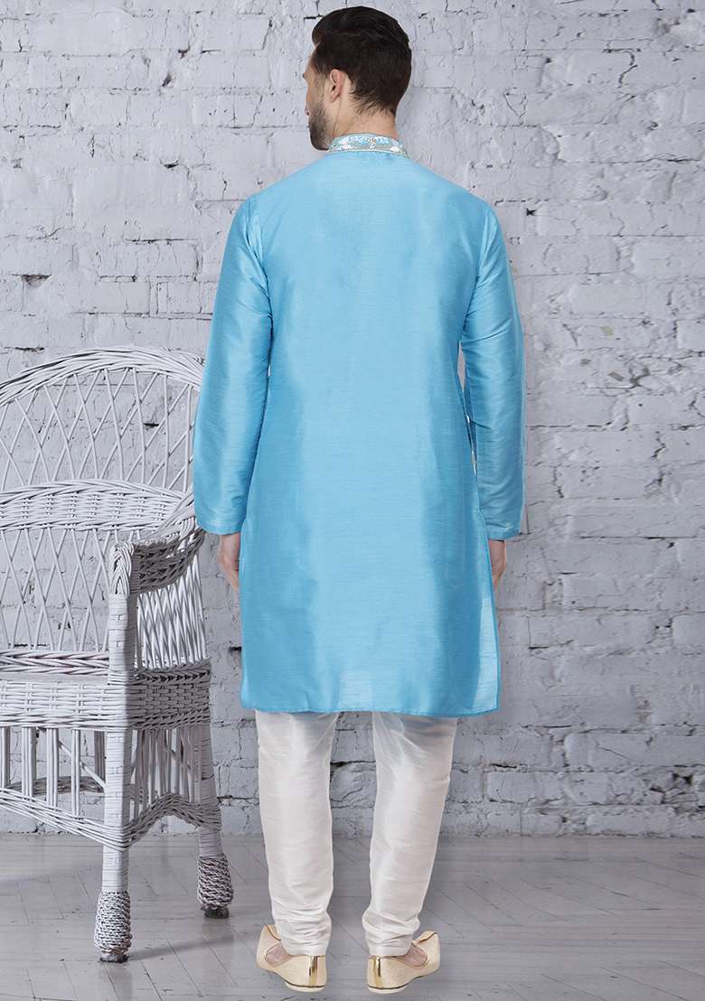 Sky Blue Embroidery Sequins Work Dupion Silk Blend Kurta Set For Men - Indya