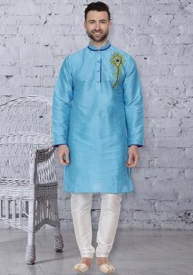 Sky Blue Embroidery Sequins Work Dupion Silk Kurta Set For Men