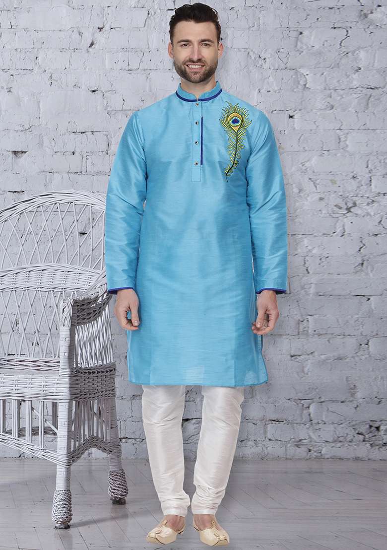 Sky Blue Embroidery Sequins Work Dupion Silk Blend Kurta Set For Men - Indya
