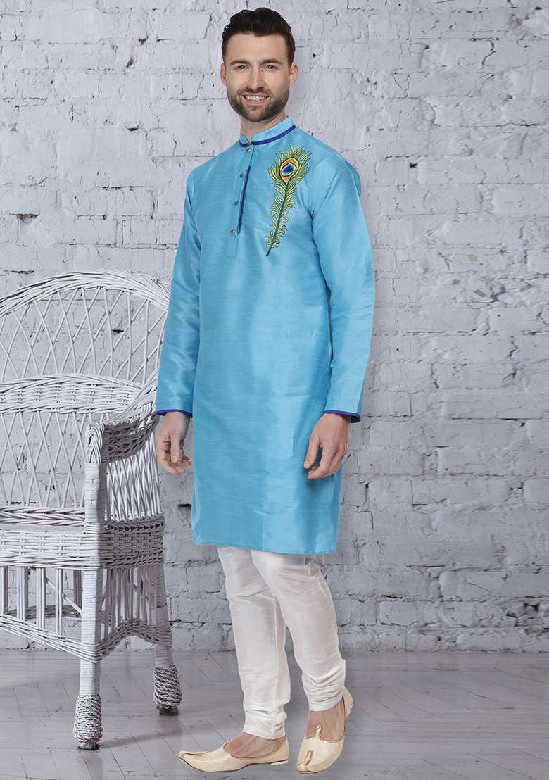 Sky Blue Embroidery Sequins Work Dupion Silk Blend Kurta Set For Men - Indya