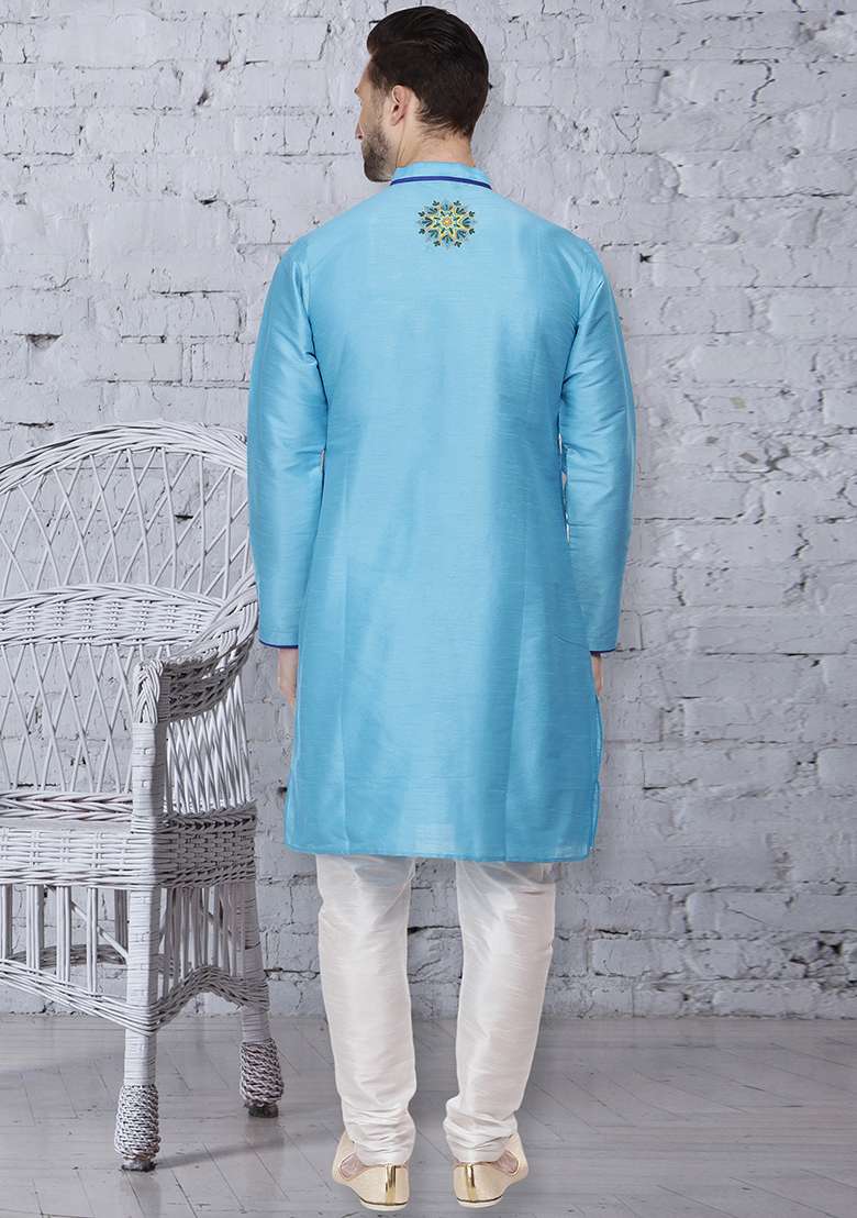 Sky Blue Embroidery Sequins Work Dupion Silk Blend Kurta Set For Men - Indya