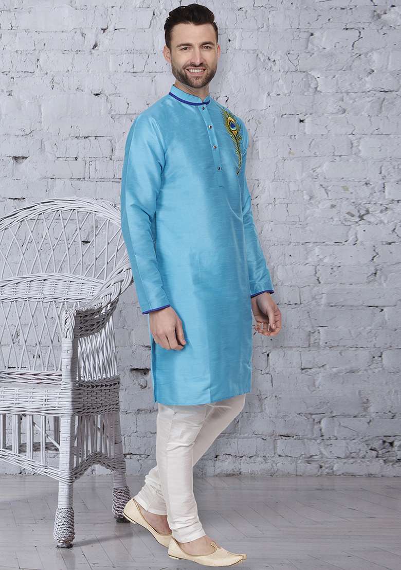 Sky Blue Embroidery Sequins Work Dupion Silk Blend Kurta Set For Men - Indya