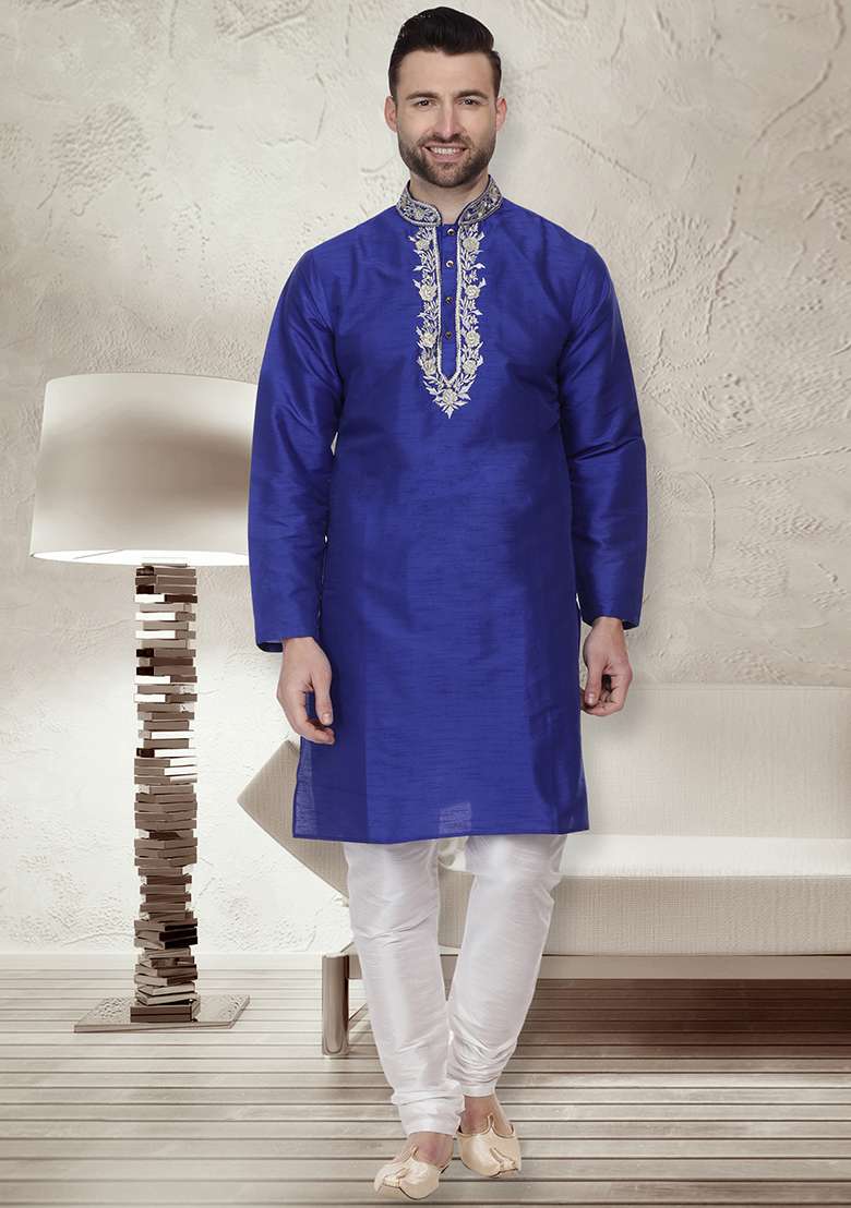 Royal Blue Embroidery Sequins Work Dupion Silk Blend Kurta Set For Men - Indya