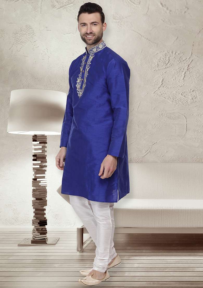 Royal Blue Embroidery Sequins Work Dupion Silk Blend Kurta Set For Men - Indya
