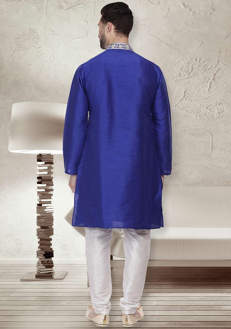 Royal Blue Embroidery Sequins Work Dupion Silk Blend Kurta Set For Men - Indya