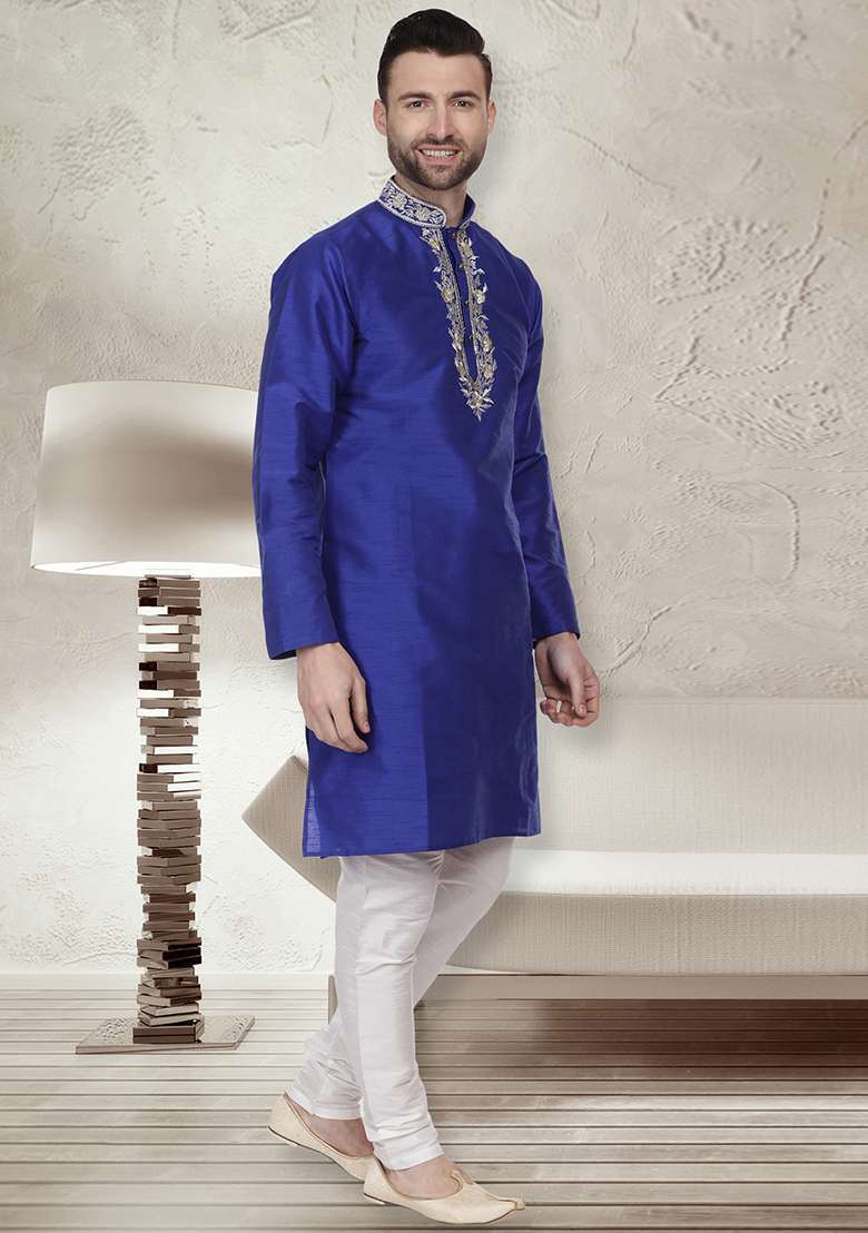 Royal Blue Embroidery Sequins Work Dupion Silk Blend Kurta Set For Men - Indya