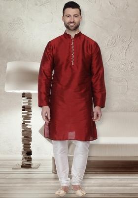 Maroon Embroidery Sequins Work Dupion Silk Kurta Set For Men