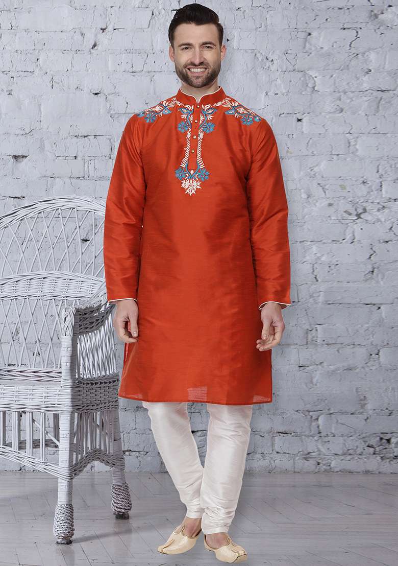 Rust Orange Embroidery Sequins Work Dupion Silk Blend Kurta Set For Men - Indya