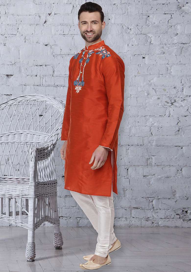 Rust Orange Embroidery Sequins Work Dupion Silk Blend Kurta Set For Men - Indya