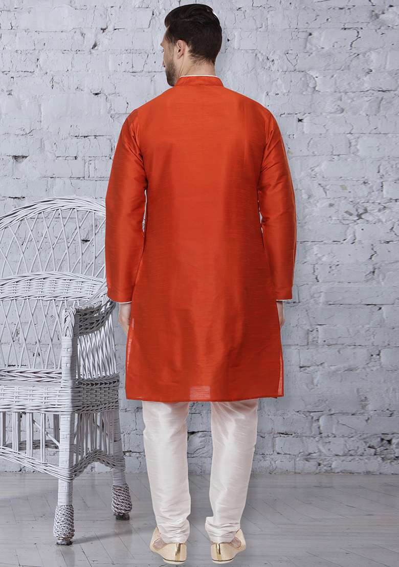 Rust Orange Embroidery Sequins Work Dupion Silk Blend Kurta Set For Men - Indya