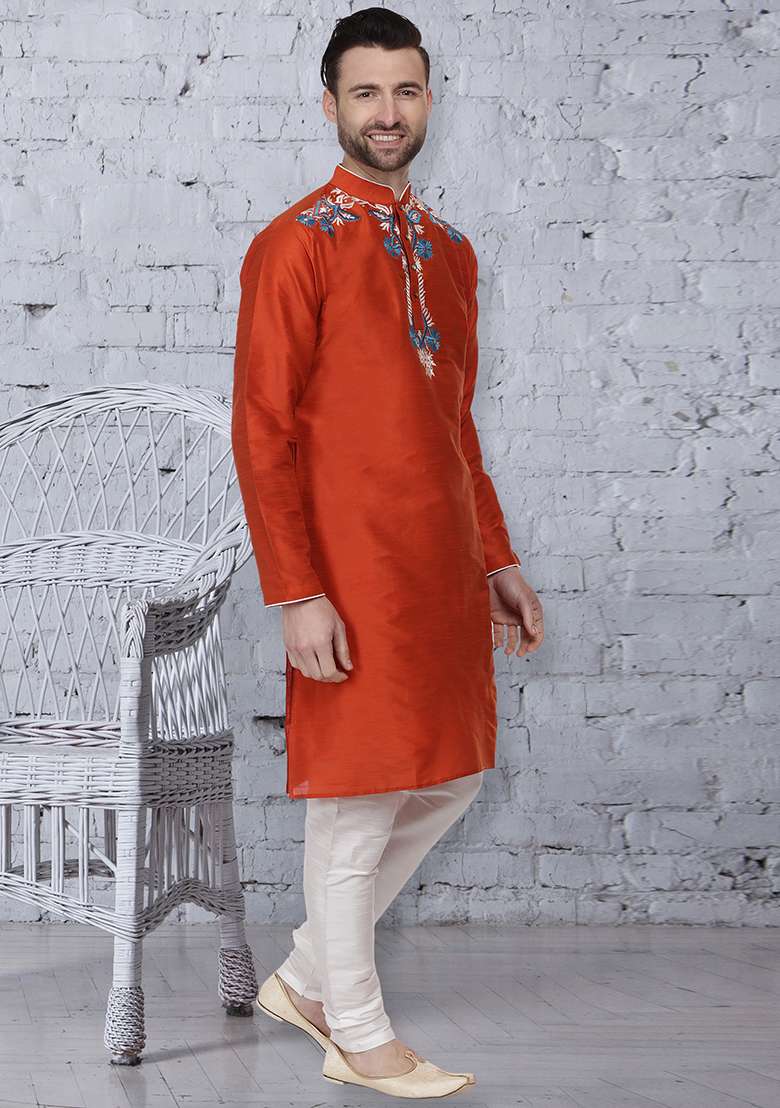 Rust Orange Embroidery Sequins Work Dupion Silk Blend Kurta Set For Men - Indya